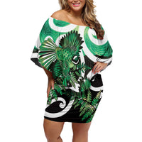 Piwakawaka New Zealand Matariki Family Matching Off Shoulder Short Dress and Hawaiian Shirt Maori New Year Silver Fern Green Galaxy