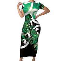 Piwakawaka New Zealand Matariki Family Matching Short Sleeve Bodycon Dress and Hawaiian Shirt Maori New Year Silver Fern Green Galaxy LT14 Mom's Dress Green - Polynesian Pride