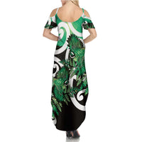 Piwakawaka New Zealand Matariki Family Matching Summer Maxi Dress and Hawaiian Shirt Maori New Year Silver Fern Green Galaxy