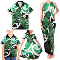 Piwakawaka New Zealand Matariki Family Matching Tank Maxi Dress and Hawaiian Shirt Maori New Year Silver Fern Green Galaxy