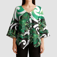 Piwakawaka New Zealand Matariki Kimono Sleeve Blouse Maori New Year Silver Fern Green Galaxy