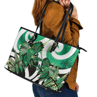 Piwakawaka New Zealand Matariki Leather Tote Bag Maori New Year Silver Fern Green Galaxy