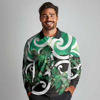 Piwakawaka New Zealand Matariki Long Sleeve Polo Shirt Maori New Year Silver Fern Green Galaxy