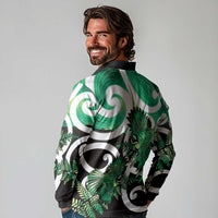 Piwakawaka New Zealand Matariki Long Sleeve Polo Shirt Maori New Year Silver Fern Green Galaxy