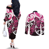 Piwakawaka New Zealand Matariki Couples Matching Off The Shoulder Long Sleeve Dress and Long Sleeve Button Shirt Maori New Year Silver Fern Pink Galaxy