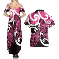 Piwakawaka New Zealand Matariki Couples Matching Summer Maxi Dress and Hawaiian Shirt Maori New Year Silver Fern Pink Galaxy