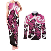 Piwakawaka New Zealand Matariki Couples Matching Tank Maxi Dress and Long Sleeve Button Shirt Maori New Year Silver Fern Pink Galaxy