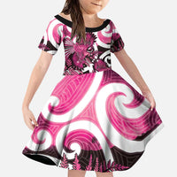 Piwakawaka New Zealand Matariki Family Matching Long Sleeve Bodycon Dress and Hawaiian Shirt Maori New Year Silver Fern Pink Galaxy LT14 Daughter's Dress Pink - Polynesian Pride
