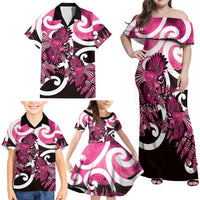 Piwakawaka New Zealand Matariki Family Matching Off Shoulder Maxi Dress and Hawaiian Shirt Maori New Year Silver Fern Pink Galaxy