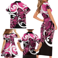 Piwakawaka New Zealand Matariki Family Matching Short Sleeve Bodycon Dress and Hawaiian Shirt Maori New Year Silver Fern Pink Galaxy LT14 - Polynesian Pride