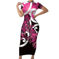 Piwakawaka New Zealand Matariki Family Matching Short Sleeve Bodycon Dress and Hawaiian Shirt Maori New Year Silver Fern Pink Galaxy LT14 Mom's Dress Pink - Polynesian Pride