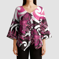 Piwakawaka New Zealand Matariki Kimono Sleeve Blouse Maori New Year Silver Fern Pink Galaxy