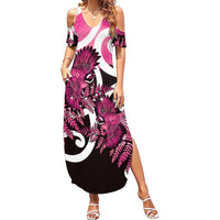 Piwakawaka New Zealand Matariki Summer Maxi Dress Maori New Year Silver Fern Pink Galaxy