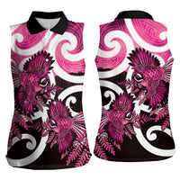 Piwakawaka New Zealand Matariki Women Sleeveless Polo Shirt Maori New Year Silver Fern Pink Galaxy