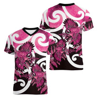 Piwakawaka New Zealand Matariki Women V-Neck T-Shirt Maori New Year Silver Fern Pink Galaxy