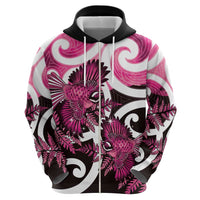 Piwakawaka New Zealand Matariki Zip Hoodie Maori New Year Silver Fern Pink Galaxy