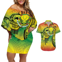 Hawaii Flag Day Couples Matching Off Shoulder Short Dress and Hawaiian Shirt Kanaka Maoli With Kakau Polynesian Pattern LT14 Green - Polynesian Pride