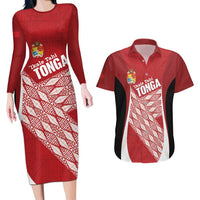 Tonga Rugby Custom Couples Matching Long Sleeve Bodycon Dress and Hawaiian Shirt Go ʻIkale Tahi Go Tongan Tapa Cloth