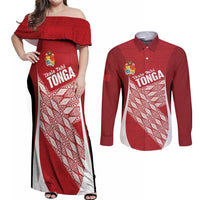 Tonga Rugby Custom Couples Matching Off Shoulder Maxi Dress and Long Sleeve Button Shirt Go ʻIkale Tahi Go Tongan Tapa Cloth