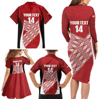 Tonga Rugby Custom Family Matching Long Sleeve Bodycon Dress and Hawaiian Shirt Go ʻIkale Tahi Go Tongan Tapa Cloth