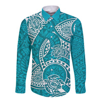 Polynesian Pride Hawaii Long Sleeve Button Shirt Hawaiian Tribal Honu Turquoise Version LT14 Unisex Turquoise - Polynesian Pride