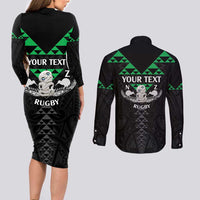 Personalised Aotearoa Rugby Couples Matching Long Sleeve Bodycon Dress and Long Sleeve Button Shirt New Zealand Maori Kete Matauranga Pattern