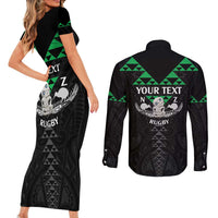 Personalised Aotearoa Rugby Couples Matching Short Sleeve Bodycon Dress and Long Sleeve Button Shirt New Zealand Maori Kete Matauranga Pattern