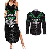 Personalised Aotearoa Rugby Couples Matching Summer Maxi Dress and Long Sleeve Button Shirt New Zealand Maori Kete Matauranga Pattern
