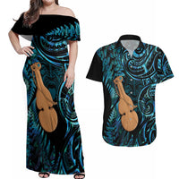 Kotiate New Zealand Couples Matching Off Shoulder Maxi Dress and Hawaiian Shirt Maori Weapon Paua Shell Haka Fern LT14 Turquoise - Polynesian Pride