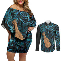 Kotiate New Zealand Couples Matching Off Shoulder Short Dress and Long Sleeve Button Shirt Maori Weapon Paua Shell Haka Fern LT14 Turquoise - Polynesian Pride
