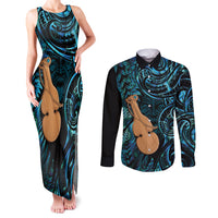Kotiate New Zealand Couples Matching Tank Maxi Dress and Long Sleeve Button Shirt Maori Weapon Paua Shell Haka Fern LT14 Turquoise - Polynesian Pride