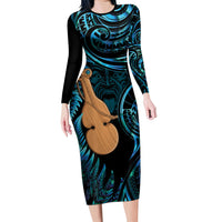 Kotiate New Zealand Long Sleeve Bodycon Dress Maori Weapon Paua Shell Haka Fern LT14 Long Dress Turquoise - Polynesian Pride