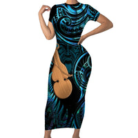 Kotiate New Zealand Short Sleeve Bodycon Dress Maori Weapon Paua Shell Haka Fern LT14 Long Dress Turquoise - Polynesian Pride