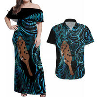 Maripi New Zealand Couples Matching Off Shoulder Maxi Dress and Hawaiian Shirt Maori Weapon Paua Shell Haka Fern LT14 Turquoise - Polynesian Pride