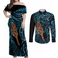Maripi New Zealand Couples Matching Off Shoulder Maxi Dress and Long Sleeve Button Shirt Maori Weapon Paua Shell Haka Fern LT14 Turquoise - Polynesian Pride