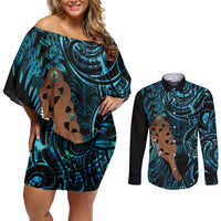 Maripi New Zealand Couples Matching Off Shoulder Short Dress and Long Sleeve Button Shirt Maori Weapon Paua Shell Haka Fern LT14 Turquoise - Polynesian Pride