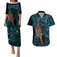 Maripi New Zealand Couples Matching Puletasi and Hawaiian Shirt Maori Weapon Paua Shell Haka Fern LT14 Turquoise - Polynesian Pride