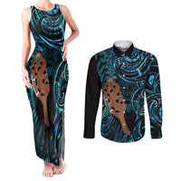 Maripi New Zealand Couples Matching Tank Maxi Dress and Long Sleeve Button Shirt Maori Weapon Paua Shell Haka Fern LT14 Turquoise - Polynesian Pride