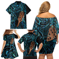Maripi New Zealand Family Matching Off Shoulder Short Dress and Hawaiian Shirt Maori Weapon Paua Shell Haka Fern LT14 Mom's Dress Turquoise - Polynesian Pride