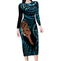 Maripi New Zealand Long Sleeve Bodycon Dress Maori Weapon Paua Shell Haka Fern LT14 Long Dress Turquoise - Polynesian Pride
