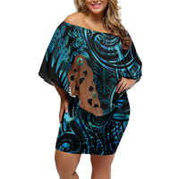 Maripi New Zealand Off Shoulder Short Dress Maori Weapon Paua Shell Haka Fern LT14 Women Turquoise - Polynesian Pride