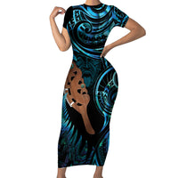 Maripi New Zealand Short Sleeve Bodycon Dress Maori Weapon Paua Shell Haka Fern LT14 Long Dress Turquoise - Polynesian Pride