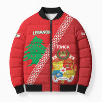 Tonga And Lebanon Bomber Puffer Jacket 2026 Together Half Style LT14 Unisex Red - Polynesian Pride