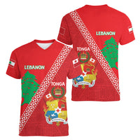 Tonga And Lebanon Women V-Neck T-Shirt 2026 Together Half Style LT14 - Polynesian Pride