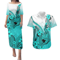 Hawaii Couples Matching Puletasi Dress and Hawaiian Shirt Polynesian Shark Tattoo With Plumeria Turquoise Gradient LT14 Turquoise - Polynesian Pride