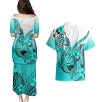 Hawaii Couples Matching Puletasi Dress and Hawaiian Shirt Polynesian Shark Tattoo With Plumeria Turquoise Gradient LT14 - Polynesian Pride