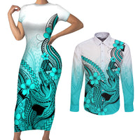 Hawaii Couples Matching Short Sleeve Bodycon Dress and Long Sleeve Button Shirts Polynesian Shark Tattoo With Plumeria Turquoise Gradient LT14 Turquoise - Polynesian Pride