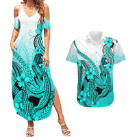 Hawaii Couples Matching Summer Maxi Dress and Hawaiian Shirt Polynesian Shark Tattoo With Plumeria Turquoise Gradient LT14 Turquoise - Polynesian Pride