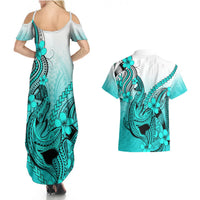 Hawaii Couples Matching Summer Maxi Dress and Hawaiian Shirt Polynesian Shark Tattoo With Plumeria Turquoise Gradient LT14 - Polynesian Pride