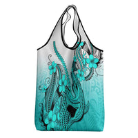 Turquoise Gradient Hawaii Grocery Bag Polynesian Shark Tattoo With Plumeria